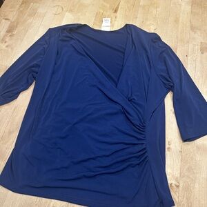 Navy Blue Ruched Wrap Blouse with 3/4 Sleeves
